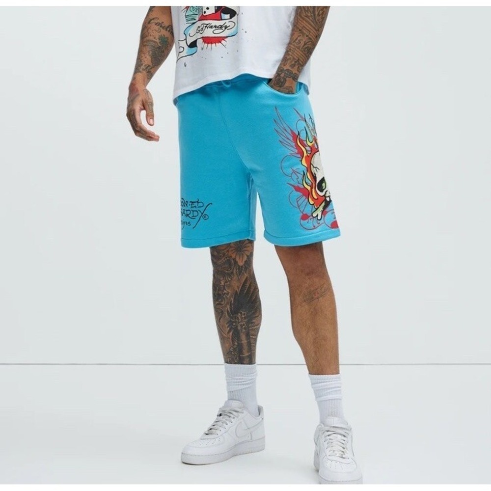 ED HARDY Flame Skull Fleece Sweat Shorts Blue Men's Size XL *NEW* $65